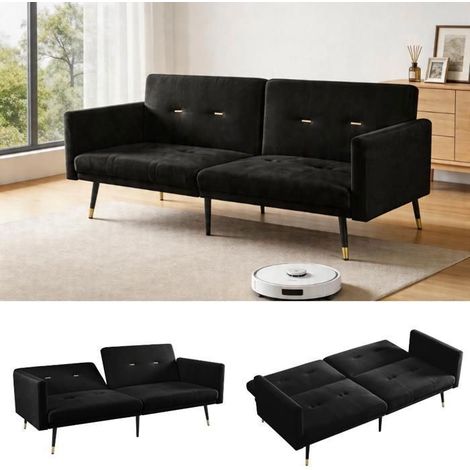 Clic-Clac 164x89x70cm Canapé 2 Places Dossiers Indépendants - Banquette Clic-Clac - Lit Convertible Velours Noir 5 Positions (1/5)