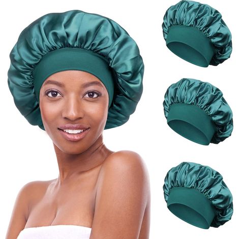 3 Stück Schlafmütze Satin Bonnet Nacht Schlaf Mütze Verstellbare Schlafkappe Kopfbedeckung Weiche Kopfhaube Schlafhaube Seide mit Gummizug für Damen und Mädchen (1/4)