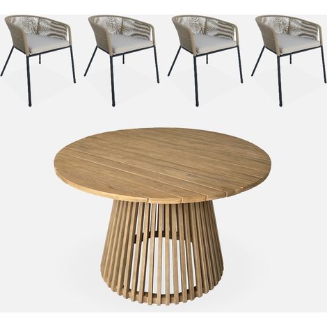 Mesa de comedor redonda de madera, interior/exterior + 4 sillones de cuerda y acero (1/5)