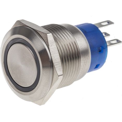 Bouton-poussoir, Verrouillable lumineux, LED Rouge, Unipolaire à deux directions (1RT), 5 A, Argent, Montage panneau 12V ( Prix pour 1 ) (1/2)
