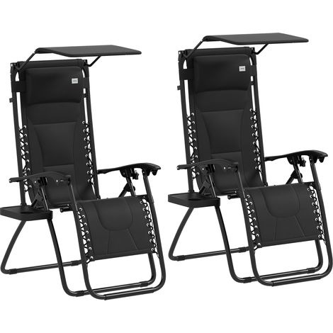 Zero Gravity Lounger Chair Set of 2, Folding Reclining Patio Chair with Shade Cover, Padded Seat, Cup Holder, Soft Cushion and Headrest for Poolside, Camping, Black (1/5)