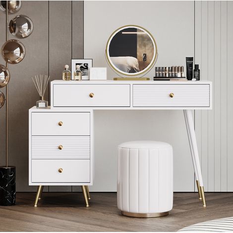 MEUBLIV Coiffeuse 100x40x78 cm blanche – miroir LED et meuble latéral réglable (1/5)