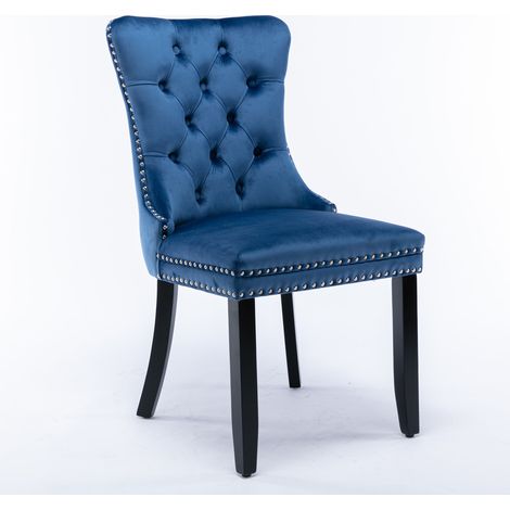 Chaise de salle à manger en velours bleu avec pieds en bois massif, dossier haut, lot de 2 (1/5)