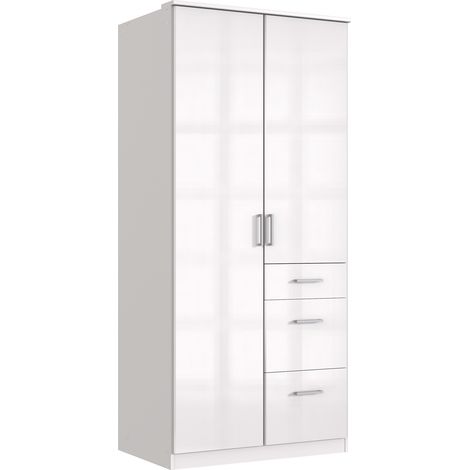 Armoire placard, meuble de rangement avec 2 portes et 3 tiroirs coloris blanc cassé, blanc - Longueur 91 x Hauteur 199 x Profondeur 58 cm (1/4)