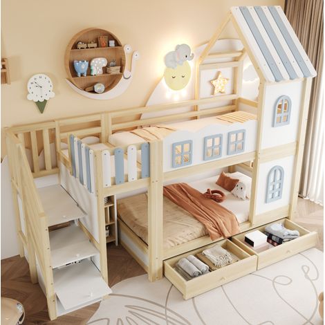 Litera infantil 90 x 200 cm con escalera de almacenaje, cajones y diseño de casita, blanca (1/5)