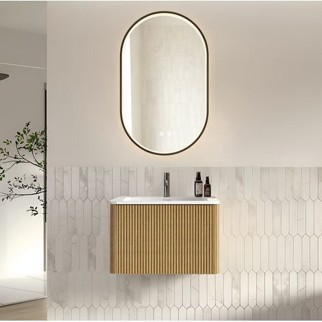Mobile bagno con lavabo e specchio LED 60 cm sospeso, color noce HAVRYA (1/5)