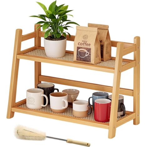 Porta spezie, organizer per angolo caffè effetto vimini, organizer da cucina a 2 livelli in bambù effetto rattan, per tè, caffè, bar, accessori per matcha, con spazzolino per la pulizia delle tazze (4 (1/5)