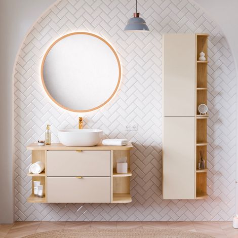 Ensemble meuble simple vasque 100cm niches arrondies et colonne Azel Cachemire et Bois (1/5)