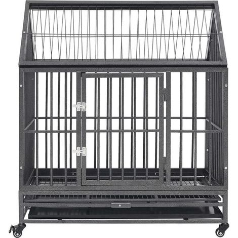 Cage pour chien en acier avec roues et auvent, mesurant 92 x 62 x 106 cm.