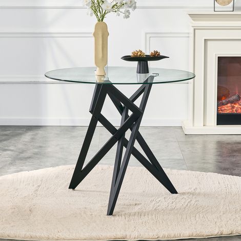 Table basse ronde en verre trempé Ø85cm, piètement design géométrique, pour salon, design moderne et stable, plateau transparent et résistant, structure élégante (1/5)