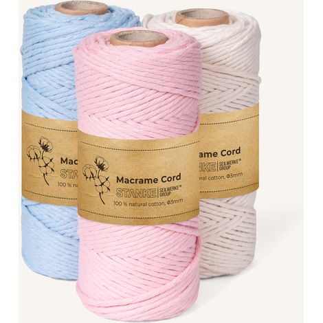 STANKE Set fil macramé 3mm 3x100 m - couleurs : Bleu clair, Rose, Naturel - fil de coton pour crochet, DIY boho, paniers, attrape-rêves - corde coton pour dessous de verre, sacs - 100% cotton, torsadé