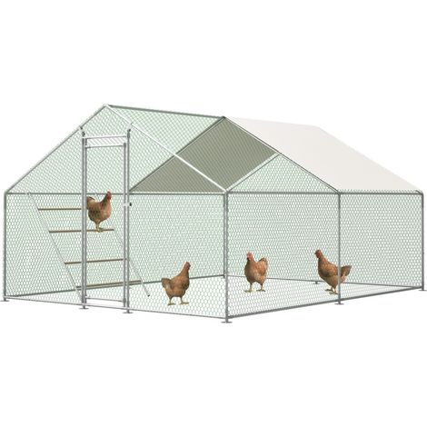 Poulailler 303x400x200 cm, échelle‑perchoir, verrou sécurité, bâche imperméable UV, acier 1 mm, fixations antidérapantes pour poules, pigeons, canards, argent (1/5)