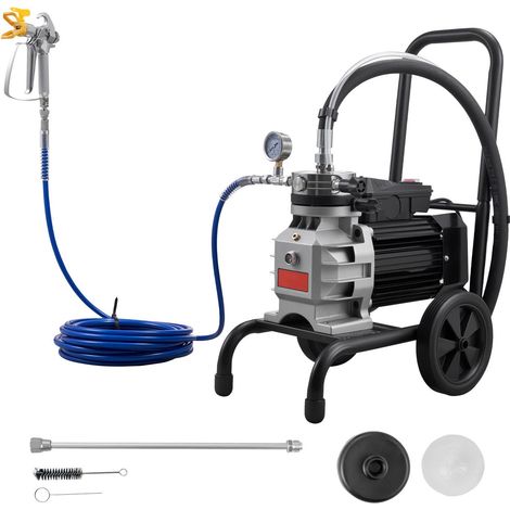Pistolet à peinture sans air à membrane, 1500 W, sur chariot, haute pression 2800 psi, avec rallonge, aiguille et brosse de nettoyage, pour la peinture intérieure et extérieure. (1/5)