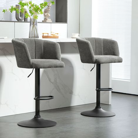 Set di 2 sgabelli da bar, schienale a conchiglia, regolabili in altezza, con poggiapiedi, per cucina o sala da pranzo, base in metallo, grigio scuro.