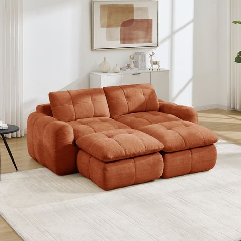 Canapé modulable 2 places déhoussable, tissu velours matelassé quadrillé, chenille douce, sièges spacieux, extensible avec 2 poufs, sans assemblage, idéal salon et studio, couleur orange (1/5)