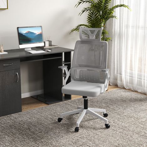 Sedia da ufficio ergonomica in mesh grigia, supporto lombare, poggiatesta regolabile, basculante, 58x61x102-119 cm (1/5)