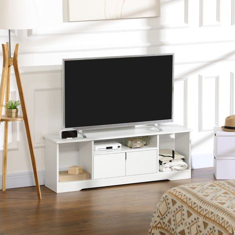 Meuble TV Banc TV Design Contemporain - 3 niches, Placard Double Porte - dimensions 120L x 30l x 41H cm - Panneaux Particules Blanc