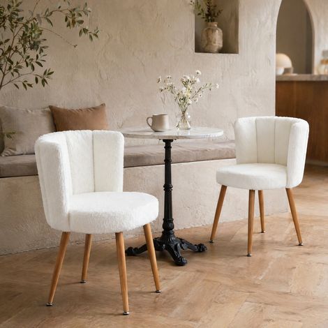 Silla de comedor de tejido Teddy blanco con patas de tubo metálico efecto madera, ergonómica y cómoda,60×54×77cm (1/5)