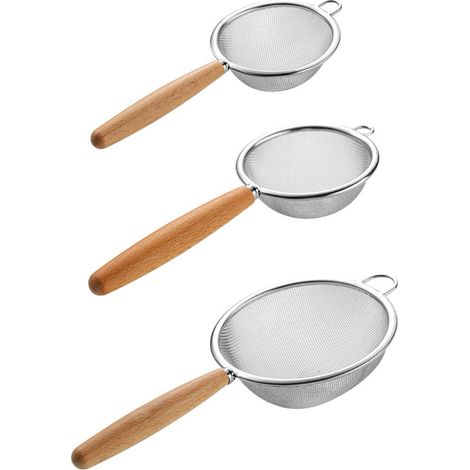3 filtri da cucina in acciaio inox di alta qualità, filtro/mestolo per olio con manico in legno, setaccio per farina/setaccio da forno robusto (1/4)