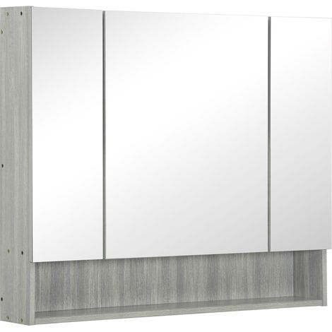 Armoire murale salle de bain avec miroir, armoire de toilette 3 portes miroir, étagères réglables, 90x15x75cm, gris