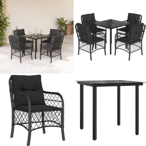 5-tlg. Garten-Essgruppe mit Kissen Schwarz Poly Rattan - Gartenessgruppe - Gartenstuhl (1/5)