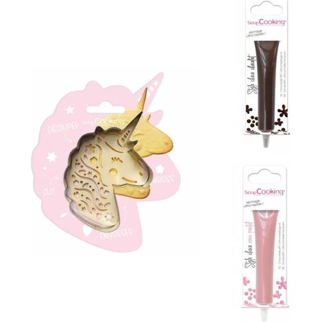 Kit pour biscuit en relief Licorne + 2 Stylos au chocolat marron et rose pastel