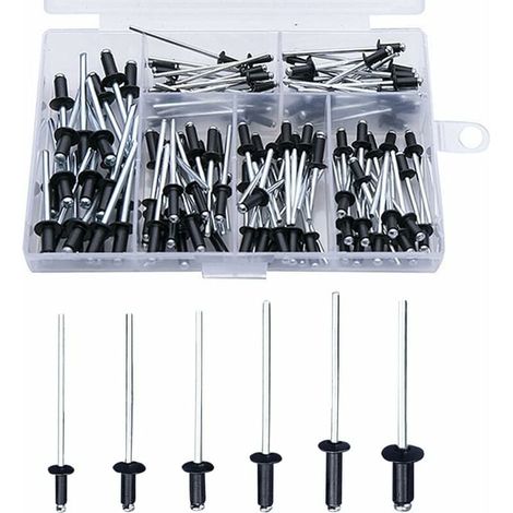 120 schwarze Aluminium-Blindnieten – Sortiment M2,4 bis M4,0 – Für Metallbefestigungen – Inklusive Aufbewahrungsbox (1/5)