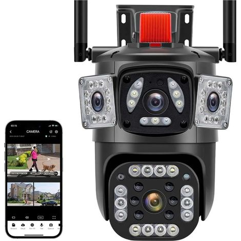 Caméra de sécurité à Domicile Caméra IP PTZ à Trois objectifs 6K 12mp, avec Trois écrans, détection Humaine AI, Suivi Automatique, sécurité sans Fil, CCTV(12MP Add 32G SD) (1/5)
