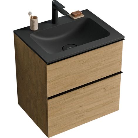 BERNSTEIN - Mobile lavabo sospeso MDF rovere miele, lavello Ghisa nero opaco + foro rubinetto, maniglia nero opaco - 60x46x62cm - LAVOA	Nero opaco, Rovere Miele Oro, Nero opaco con foro rubinetto