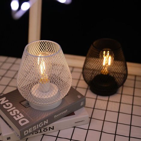 Set of 2 Mini Retro Cage-Shaped Metal Table Lamps with Wooden Base, 18cm High, Wireless Geometric Lighting, Battery Operated, Indoor/Outdoor Decoration (Black + White) (1/5)