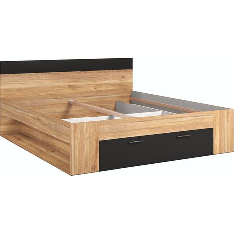 Cama Melvele 108, Roble + Negro, Doble, 180x200, Aglomerado laminado, 186x205x90cm (1/5)