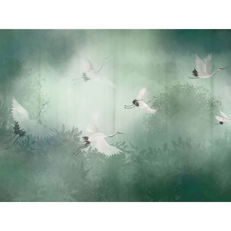 papier peint panoramique oiseaux de grue vert - Sanders & Sanders (1/3)