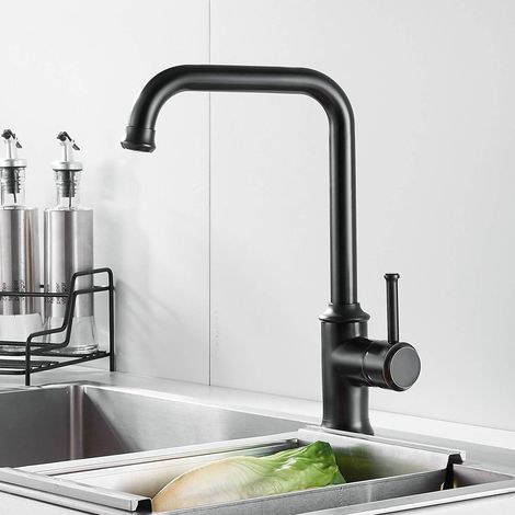 Robinet de Cuisine Noir Mat, Mitigeur Cuisine avec Bec Orientable 360°, Laiton (1/4)