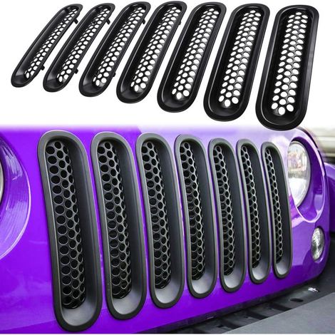 Set of 7 mesh inserts for the front grille of Jeep Wrangler JK JKU Sport Freedom Rubicon Sahara Unlimited 2007-2018 - clip-on exterior accessories (matte black) (1/5)