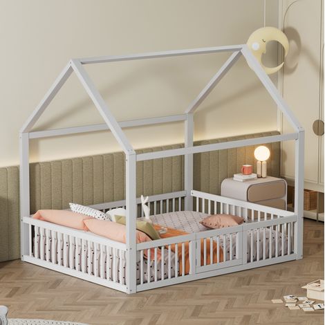 Cama cabaña infantil 140x200 cm de madera blanca, con puerta para niños, sin colchón -FLORAGRACE (1/5)