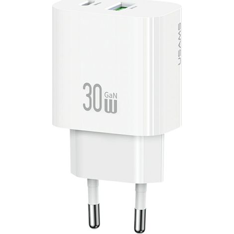 Chargeur mural USAMS CC316 T65 30 W, 1 port USB-C, 1 port USB-A, charge rapide, blanc (1/2)