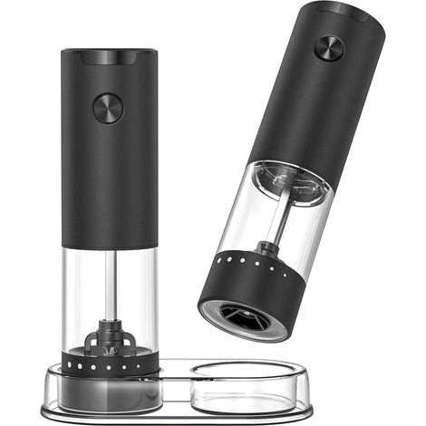 Elektrisches Salz- und Pfeffermühlen-Set, batteriebetriebene Gewürzmühle mit Sockel, transparentem 95-ml-Behälter, weißem LED-Licht und extern einstellbarer Grobheit, Schwarz