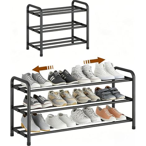 Étagère à Chaussures Extensible 3 Niveaux 45-80cm, Rangement de Chaussure en Métal, Porte Chaussures pour 6-12 Paires, Shoe Rack Gain de Place, pour Placard, Entrée, Exterieur, Salon, Chambre (1/5)