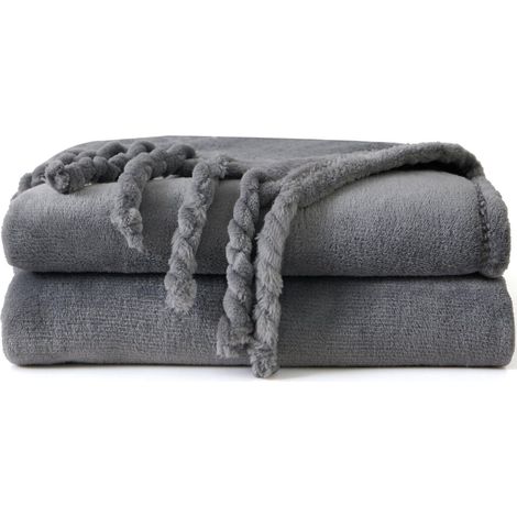 Couverture Plaid Polaire Jeté de Canapé Douillette en Flanelle Grise pour Canapé, Chaises et Lit avec Franges -130 X 150 cm - Gris (1/5)