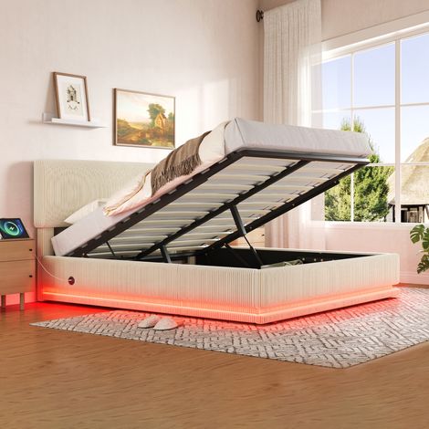 Letto imbottito in velluto a coste beige 160x200 cm con LED, USB-C, testiera regolabile e rete a doghe (1/5)