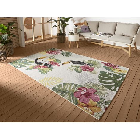 Tapis d'intérieur et d'extérieur - Tissage plat - Tropical Jungle - Palmier floral - Résistant aux intempéries et aux UV - Pour balcon, terrasse, jardin (1/5)