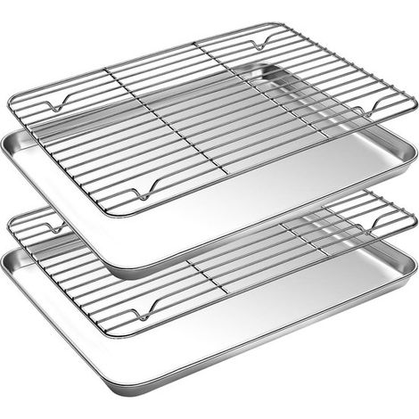 Set da 2 pezzi: piccola teglia con griglia, teglia da forno in acciaio inox, teglia da forno, 23,5 x 17,5 x 2,5 cm, argento (1/5)