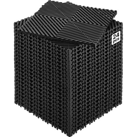 VEVOR Tapis de drainage emboitable, 310x310 mm, dalles de sol de drainage modulaire emboitable, 24 pcs, coussin de sol a episser en PP antiderapant noir, tapis de douche, pour garage, jardin, cuisine