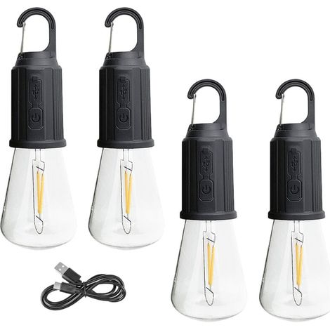 Lampe de camping rechargeable, 4 paquets d'ampoule de tente suspendue avec crochet, modes d'éclairage, lampe de tente pour le camping, la randonnée, la randonnée