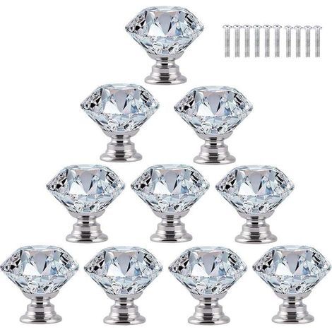 10 pcs Poignée Bouton de Porte Placard Meuble Tiroir Armoire, 30mm Diamant de Verre Cristal avec Vis - Transparent (1/4)
