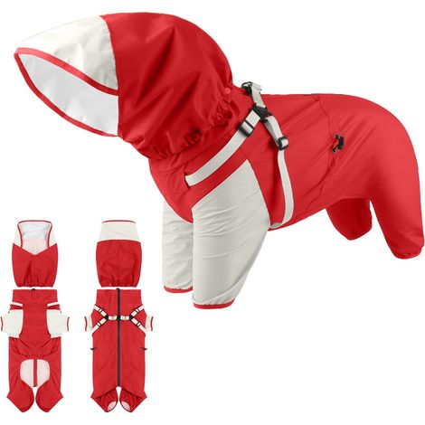 Imperméable pour chien, manteau imperméable pour chien avec capuche amovible et boucles élastiques réglables, imperméable léger et vif pour animaux de compagnie à 4 pattes avec maille respirante et tr (1/5)