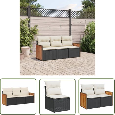 The Living Store Salon de jardin 3 pcs avec coussins noir résine tressée - Ensemble Salon De Jardin - Meuble De Jardin - Salon Extérieur - Mobilier De Jardin - Chaise Longue (1/5)