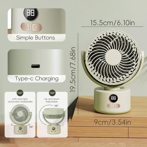Ventilatore da Tavolo Portatile Ricaricabile USB-C 3600mAh Silenzioso 25dB con Oscillazione e Display LED in Plastica Verde Design Moderno per Ufficio e Casa (1/4)