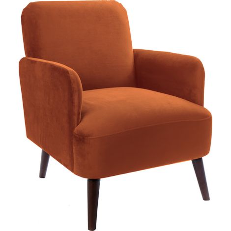 Fauteuil rétro en velours pieds bois foncé - Rouille - BROOKS (1/4)