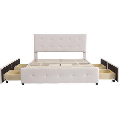 Letto matrimoniale imbottito 140 x 200 cm con 4 cassetti, rete a doghe e testiera, beige (1/5)